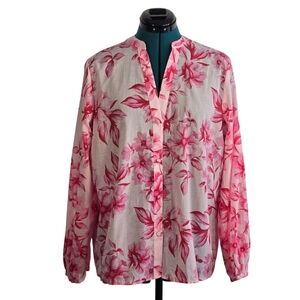 Zara Pink Floral Print Cotton Blouse Long Sleeve V-Neck Top Small Like New